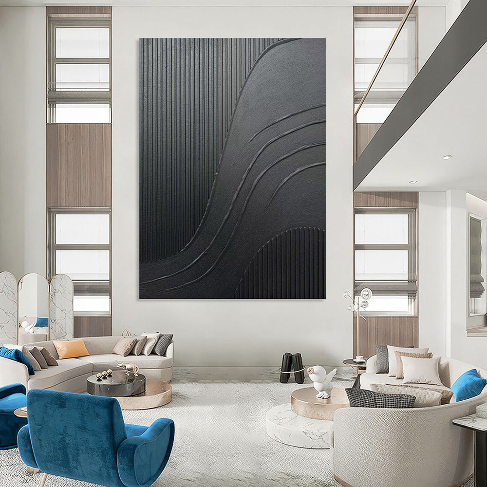 “Black Textured Curves & Lines” - Black, Minimalist Abstract Painting On Canvas PT1482