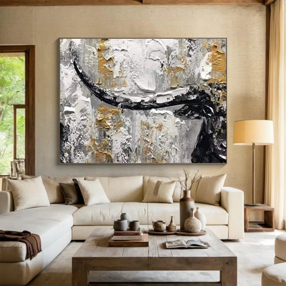 Textured Bull Head in Gold and Gray - Expressive Animal Painting On Canvas DKS336