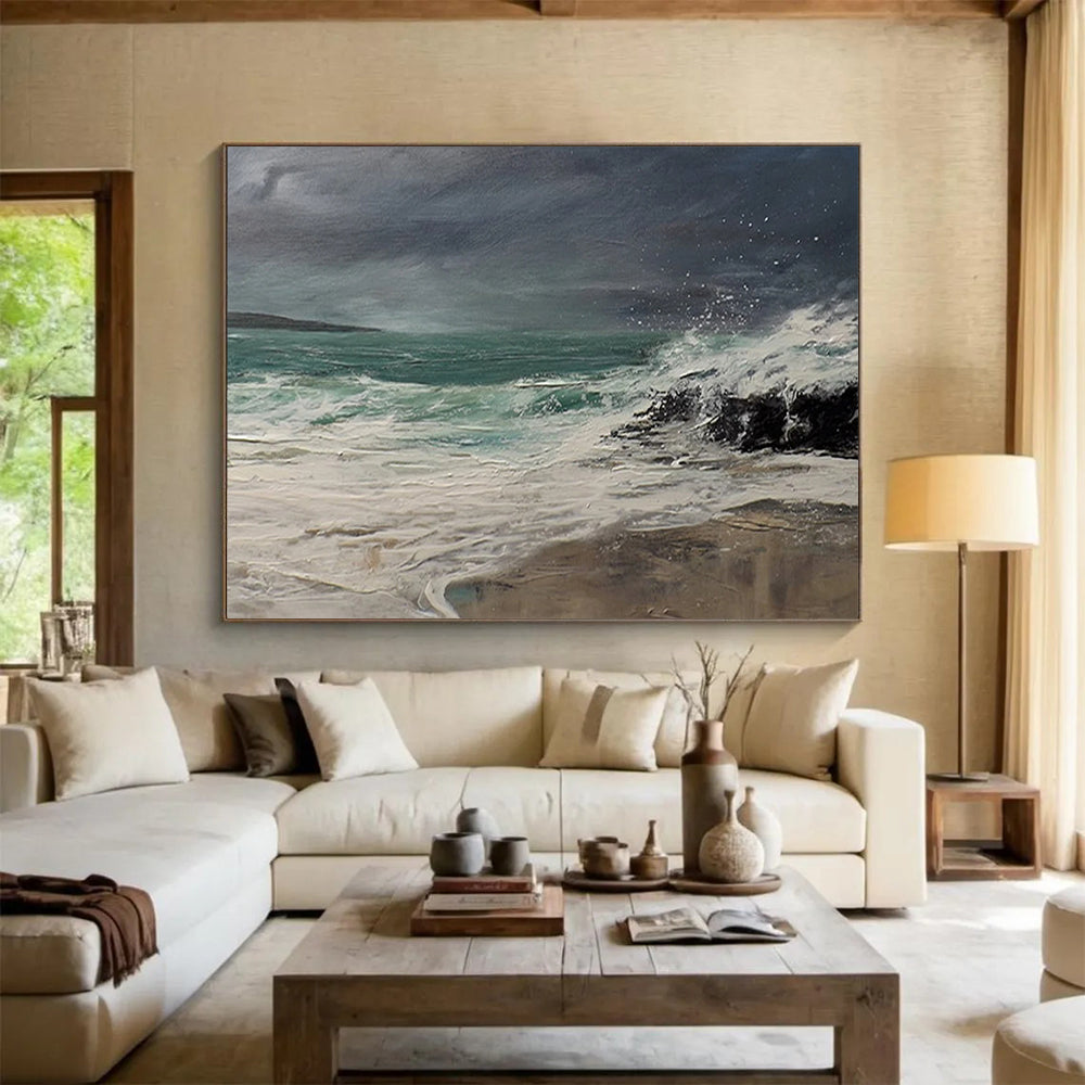 “Dynamic Sea Storm in Greens and Whites” - Realistic Marine Painting On Canvas PT043