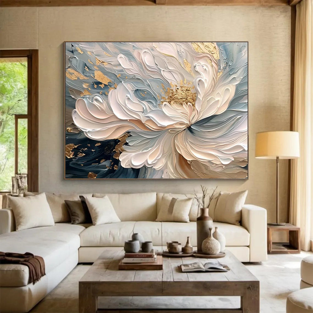 “Elegant Gilded Bloom” - Soft Blue, White & Gold Floral, 3D - Textured Flower Art Painting On Canvas DKS682