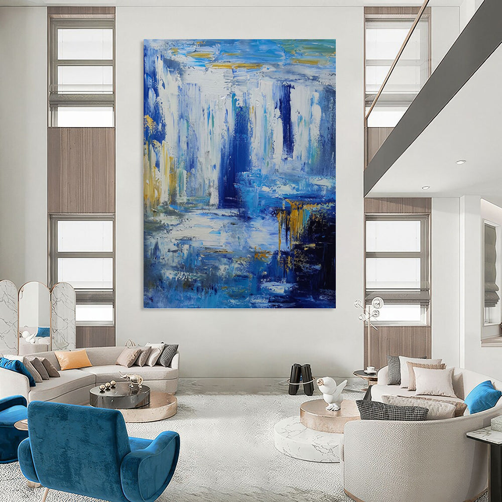 “Blue - Gold Abstract Waterfall” - Impressionist - Inspired Painting On Canvas PT1332