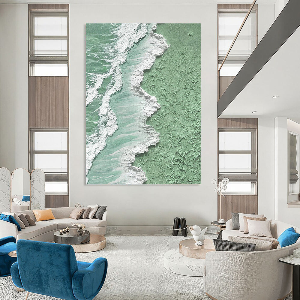 “Pastel Green and White Coastal Textures” - Seascape, Pastel - Toned Painting On Canvas PT1505