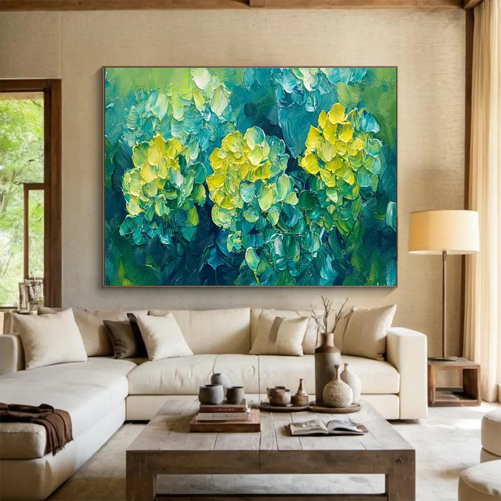 “Yellow Flowers in Green” - Impasto Oil Painting On Canvas DKS799
