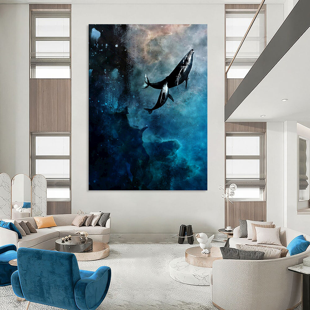 “Cosmic Whales: Blue and Black Surrealist Painting” - Surrealist Fantasy Painting On Canvas PT0933