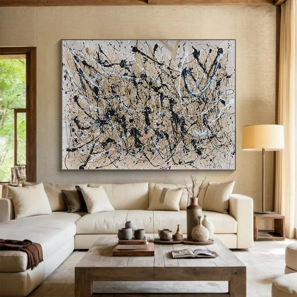 “Beige - Black - White Drip Art” - Pollock - Inspired Abstract Painting On Canvas PT1588