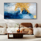 Blue, Gold, Gray, and White Bold, "Luminary Tide" – Abstract Seascape Painting On Canvas PS1009