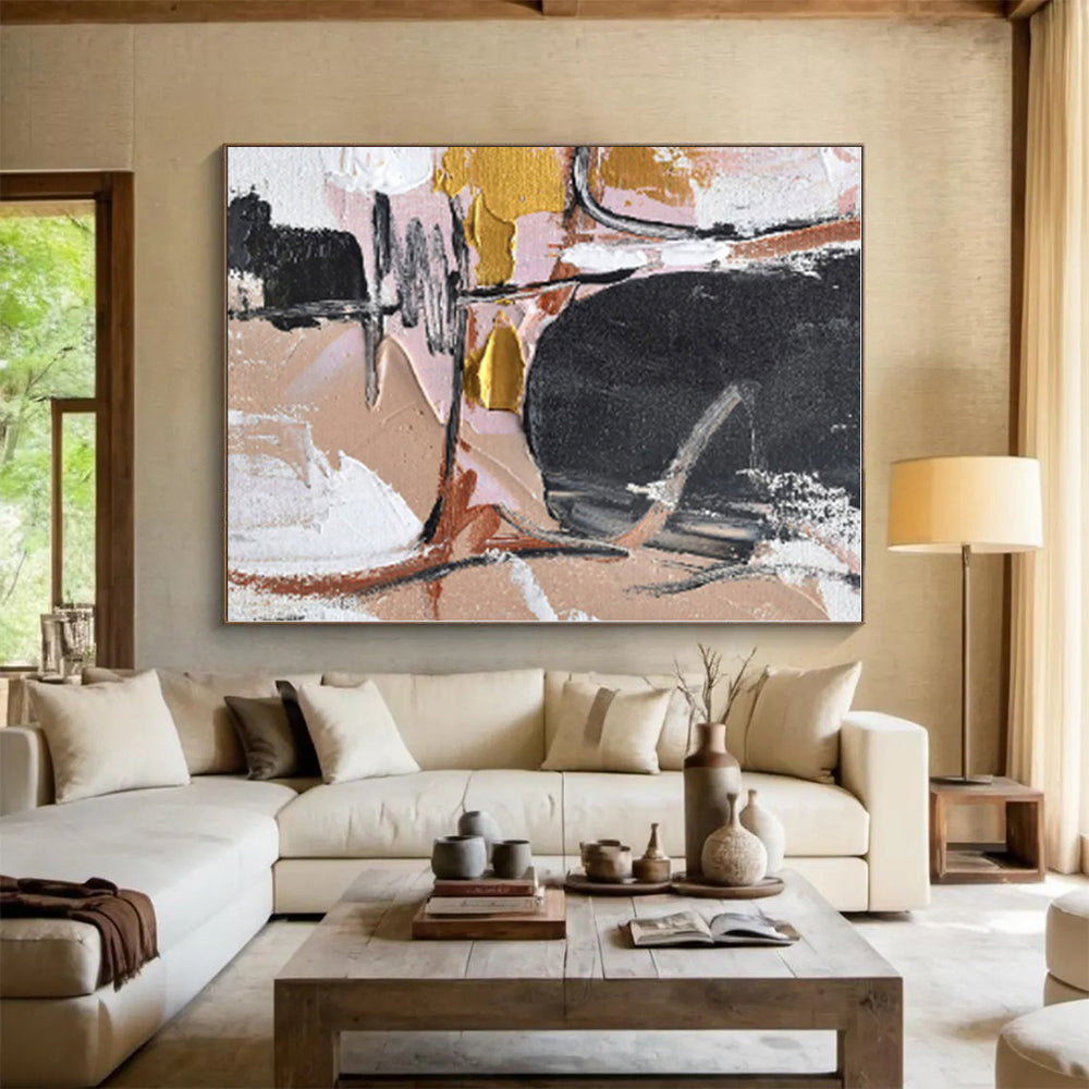 “Pink - Gold - Black Abstract Textures” - Pink, Gold, Black, White Abstract Textured Painting On Canvas PS0560
