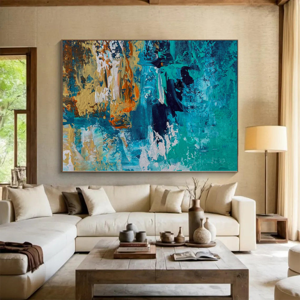 “Teal and Orange Coastal Abstract” - Seaside - Inspired Abstract Painting On Canvas PS0036