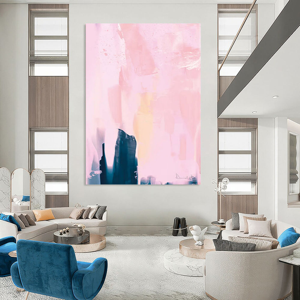 “Blush & Indigo Layered Abstraction” - Pastel Pinks & Deep Blues Painting On Canvas DS180