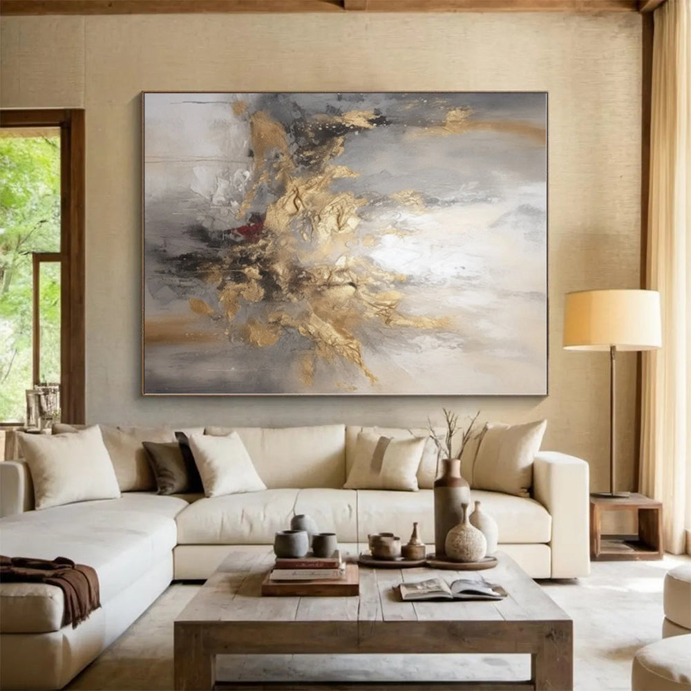 “Gray - Gold - Red Expressive Abstraction” - Gray, Gold, Red Abstract Painting On Canvas PS0540