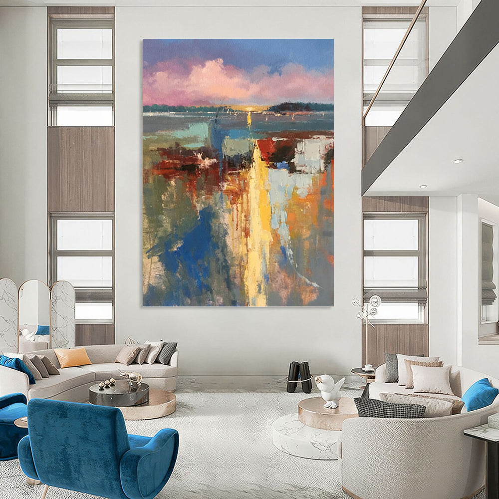 “Colorful Abstract Harbor” - Impressionistic, Vibrant - Hued Painting On Canvas PT1578