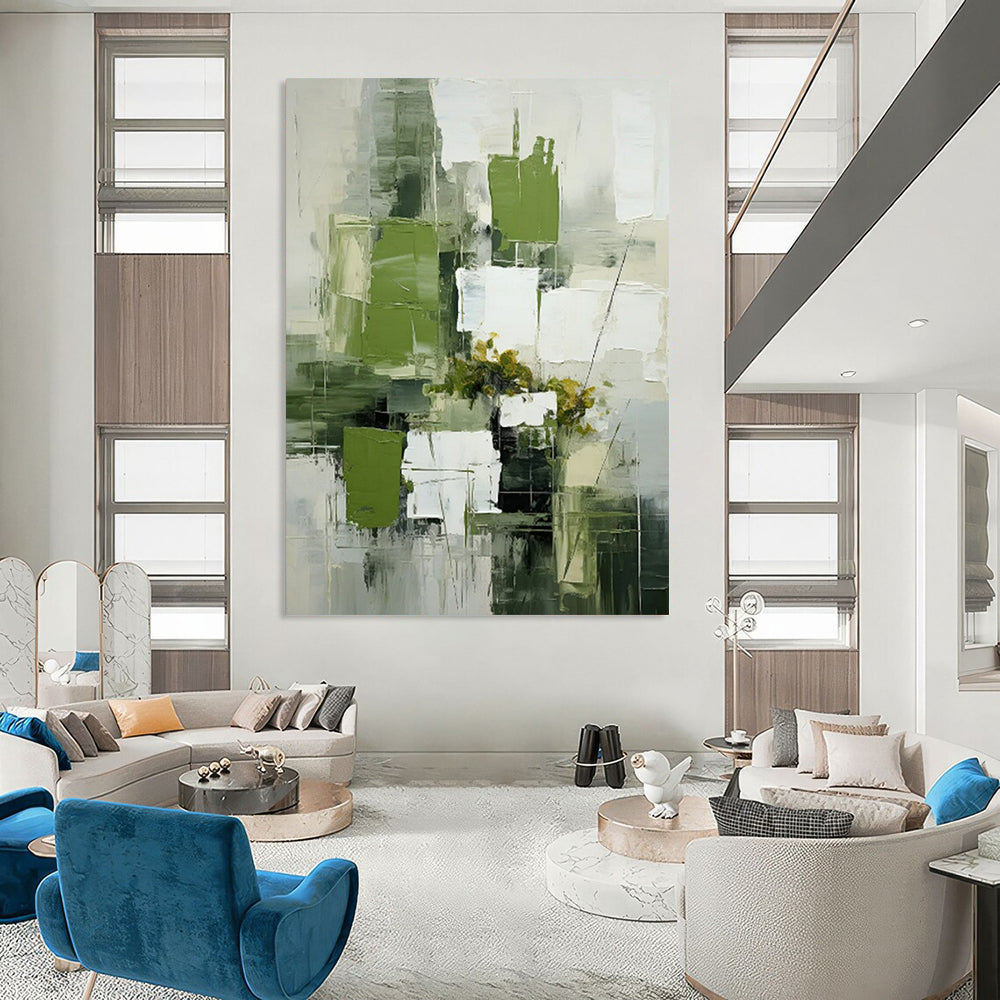 “Green and White Abstract Floral” - Modernist Still - Life Painting On Canvas PT2264