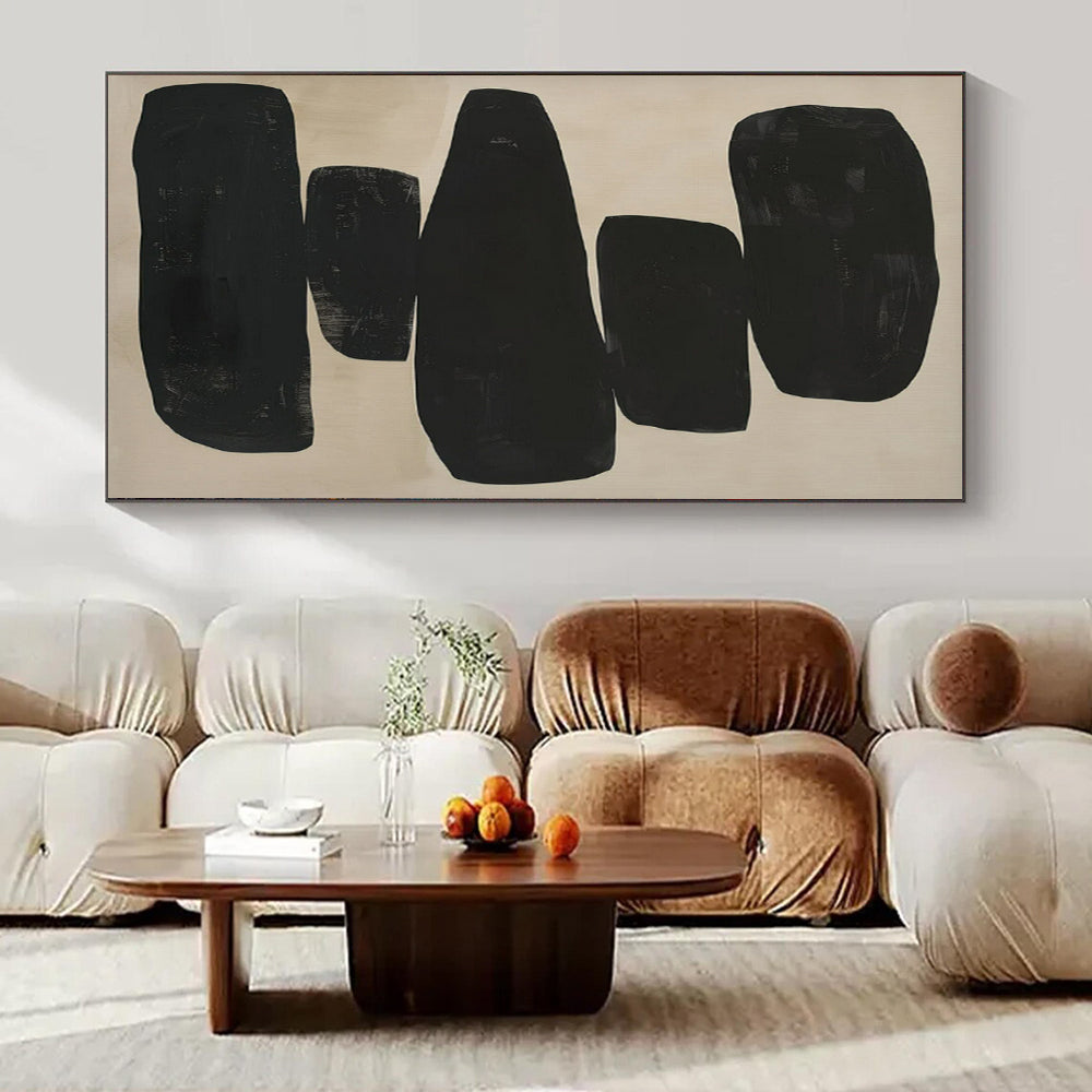 Stacked Black Shapes, "Black Monoliths" – Abstract Geometric Painting On Canvas PS0936