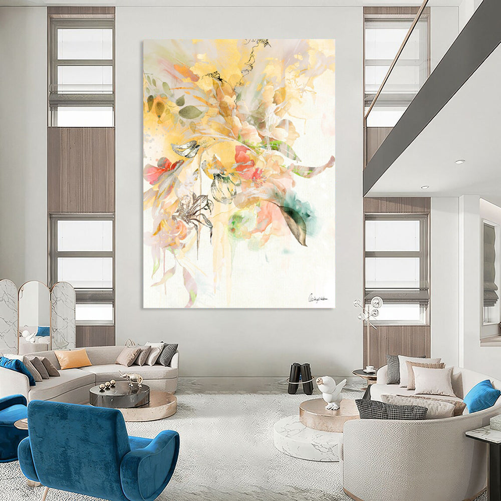 “Yellow - Pink Floral Splash” - Vibrant Floral Abstract Painting On Canvas PT1087