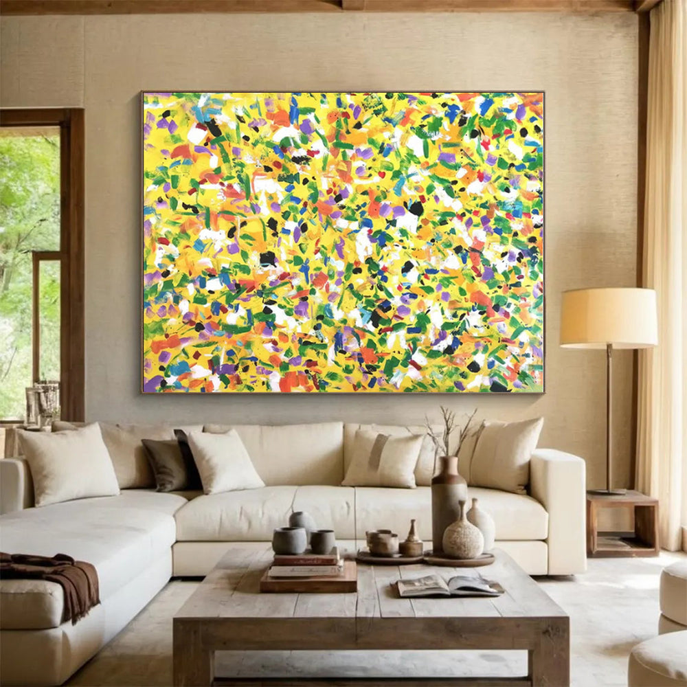 Bright Yellow - Green Dots, "Sunny Meadow" – Pointillist - Inspired Abstract On Canvas PS0901