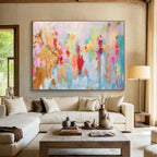 Pastel Dreamscape: Soft Pink, Blue & Gold Abstract Expressionist Painting for Bohemian Bedroom & Yoga Studio DKS643