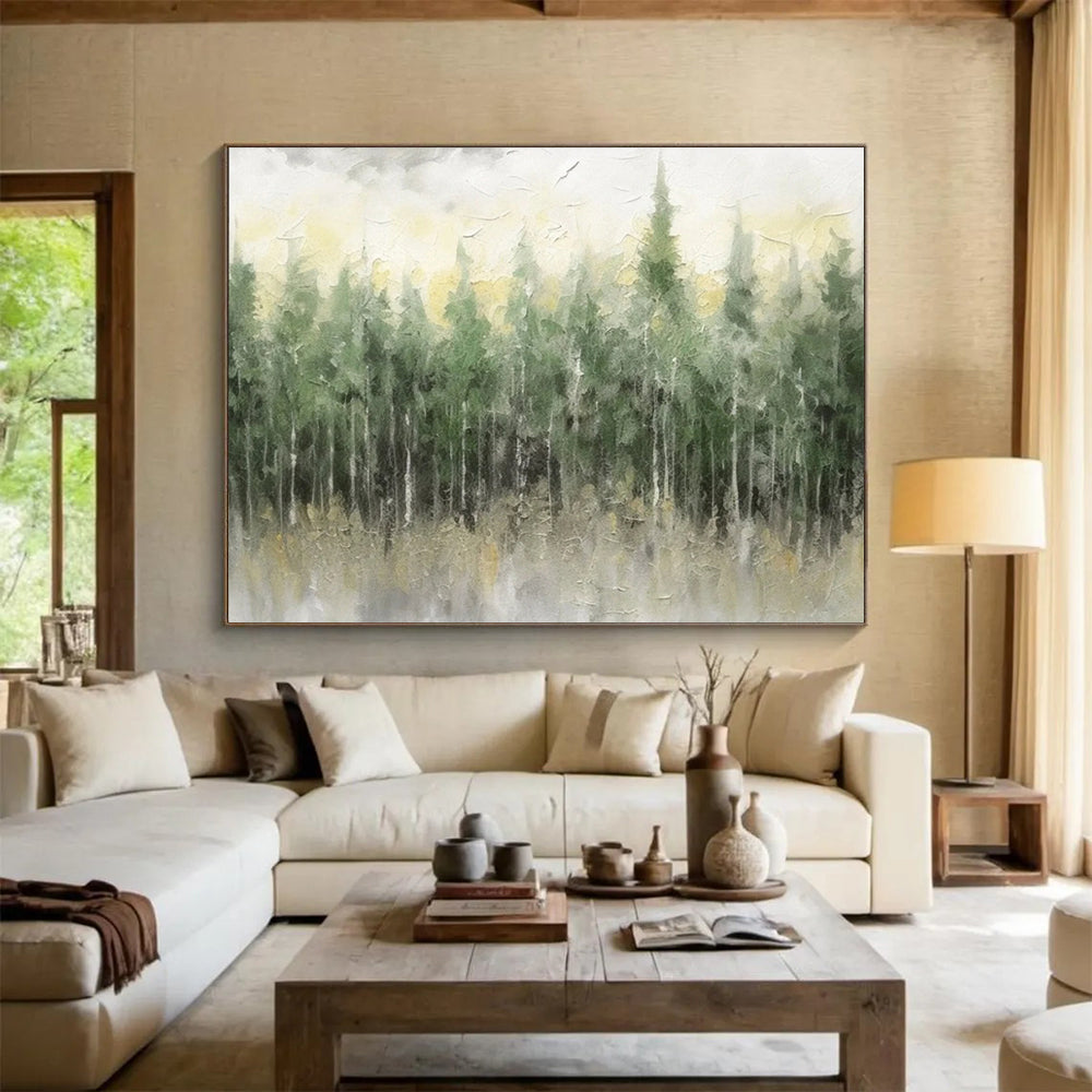 “Misty Forest in Greens and Yellows” - Impressionistic Landscape Painting On Canvas PT065