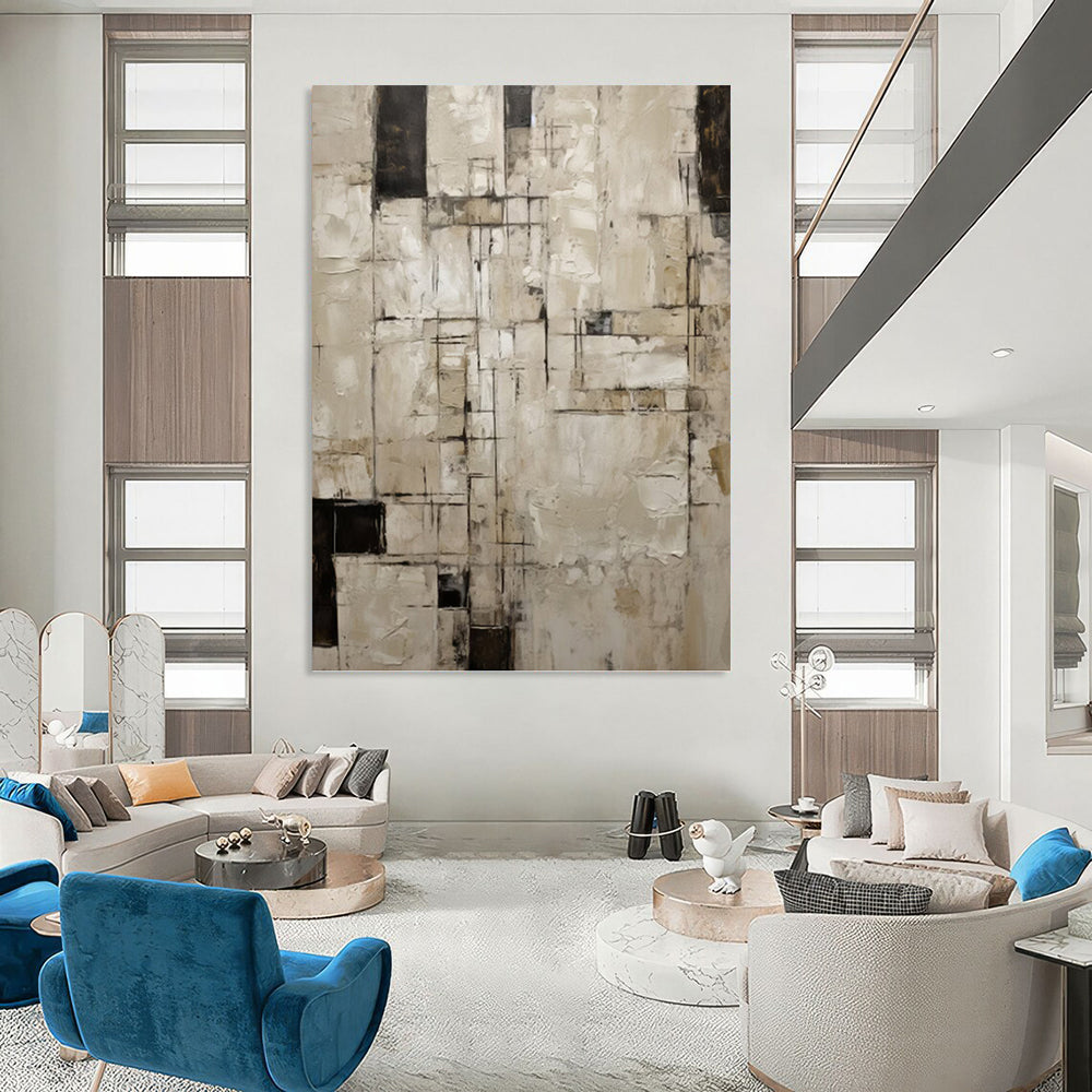 “Neutral Grid - Geometric Abstract” - Minimalist Abstract Painting On Canvas PT1315