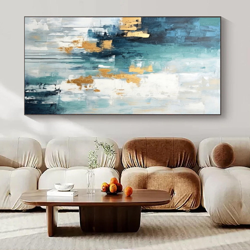 Teal, Gold, and White, "Aqua Gleam" – Abstract Expressionist Painting On Canvas PS1039