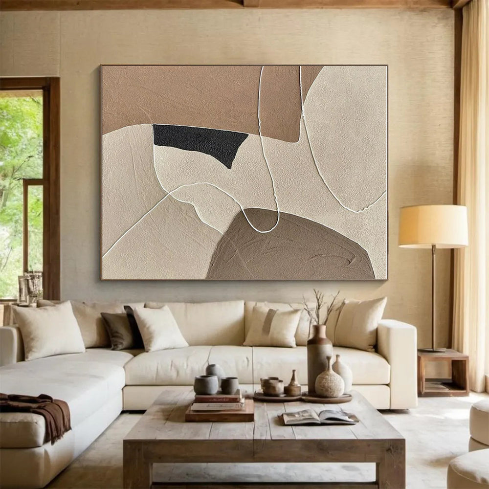 “Neutral Textured Shapes” - Beige, Brown, Black, White Abstract Textured Painting On Canvas PS0661