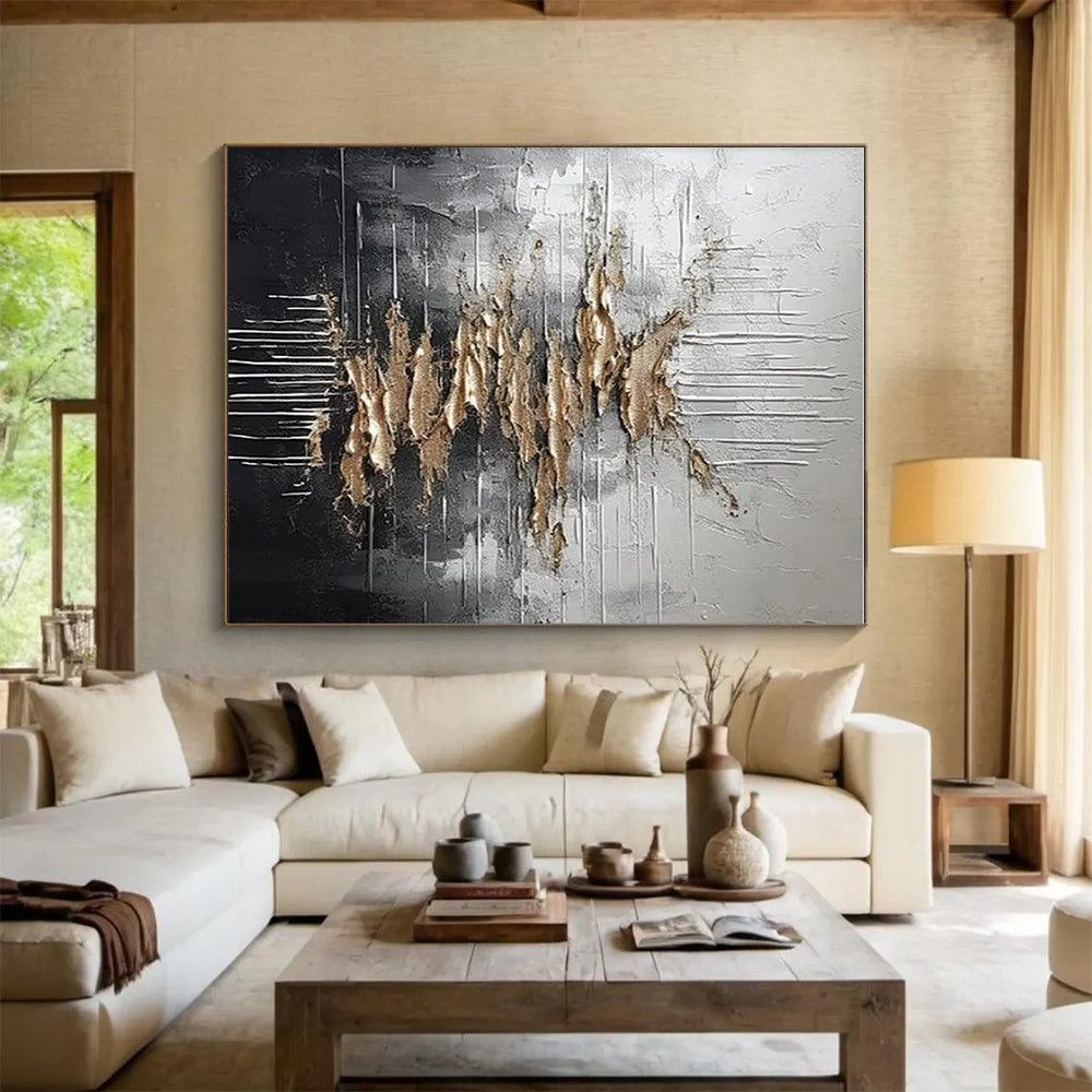 Silver, Black & Gold Textured Abstract "Metallic Cascade" Painting On Canvas PS0864
