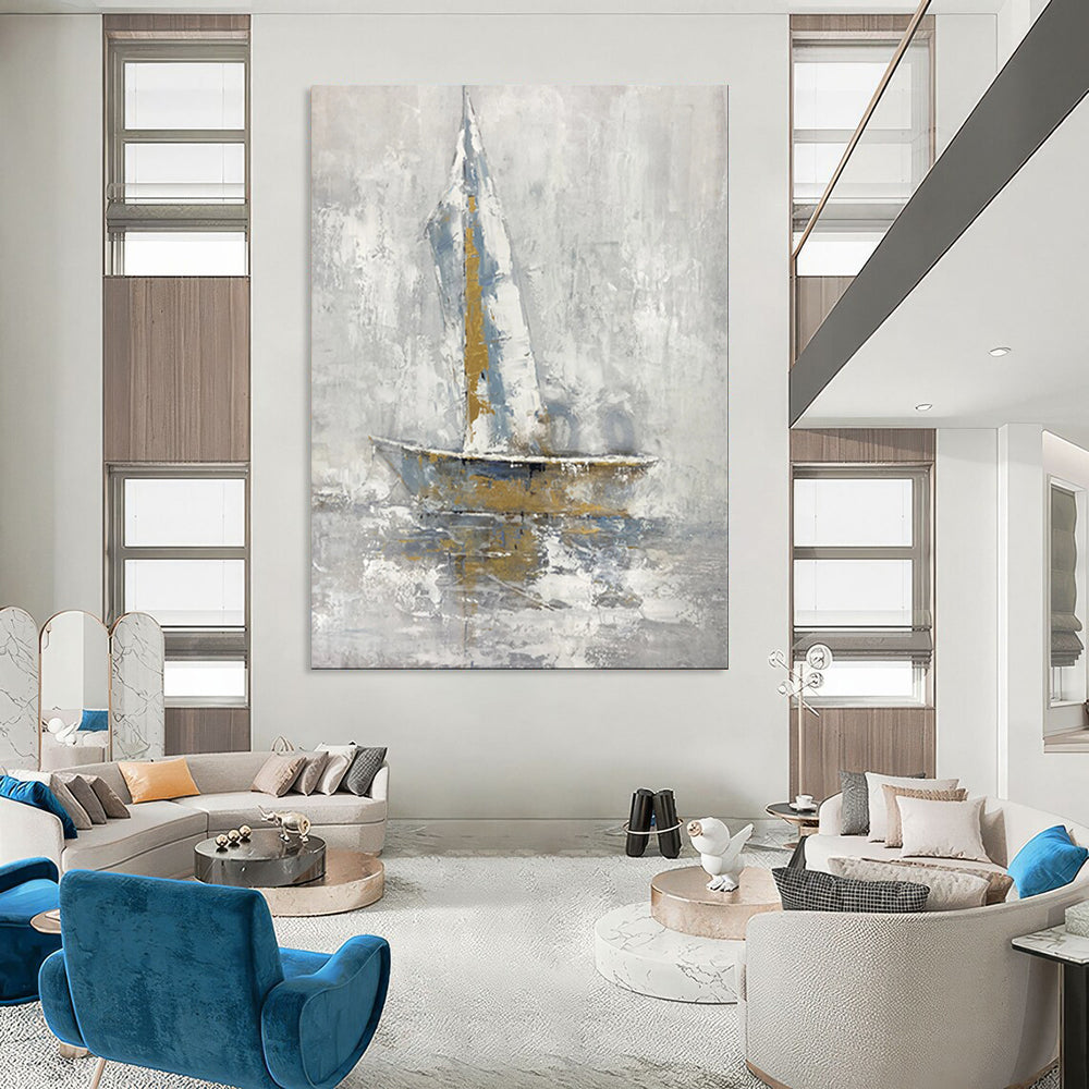 “Sailboat in Gray - Blue Abstract” - Nautical Abstract Painting On Canvas PT1957