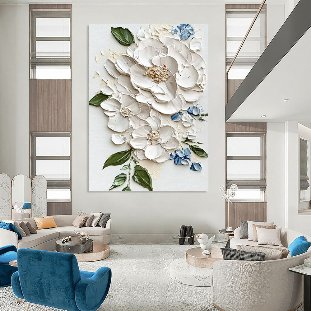 “White - Blue Floral Relief” - Realist - Inspired Floral Painting On Canvas PT1388
