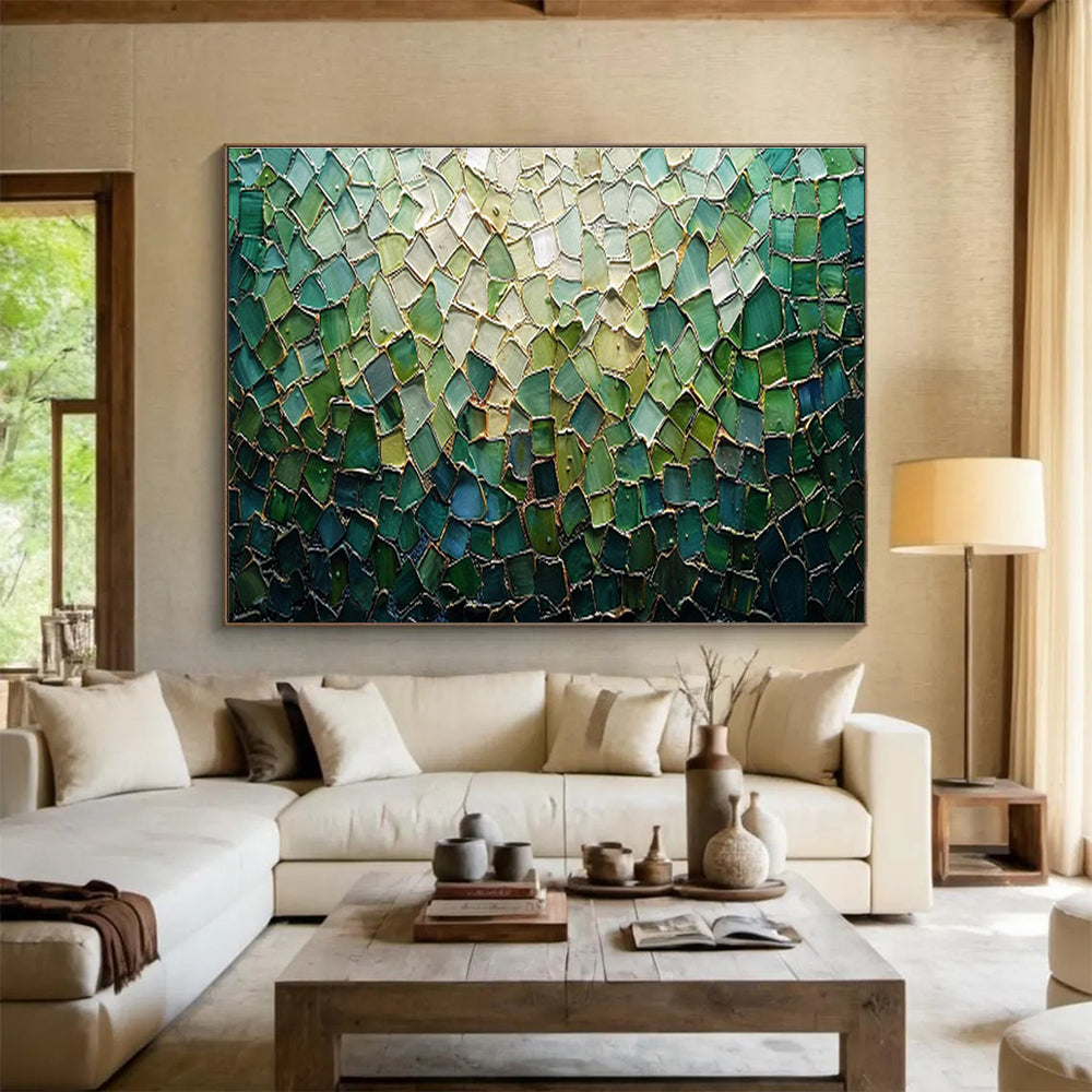 “Green Mosaic Tapestry” - Green, Blue & Gold Abstract, Mosaic - Style Mixed Media On Canvas DKS759