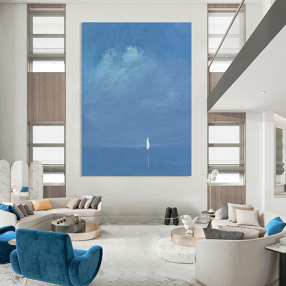 “Pale Blue Distant Sailboat” - Minimalist Maritime Painting On Canvas PT1879