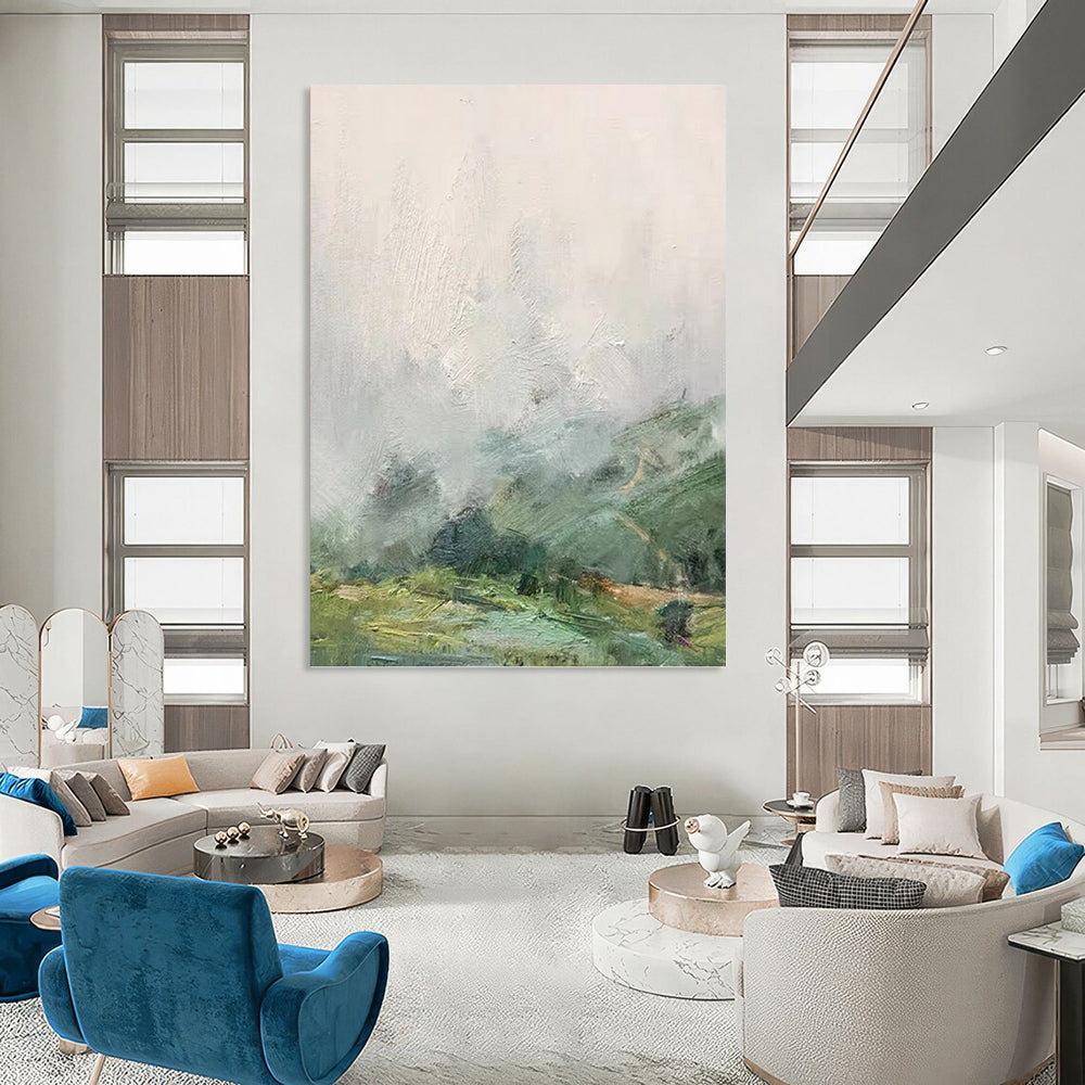 “Soft Green and Gray Landscape” - Landscape, Impressionistic Painting On Canvas PT1541