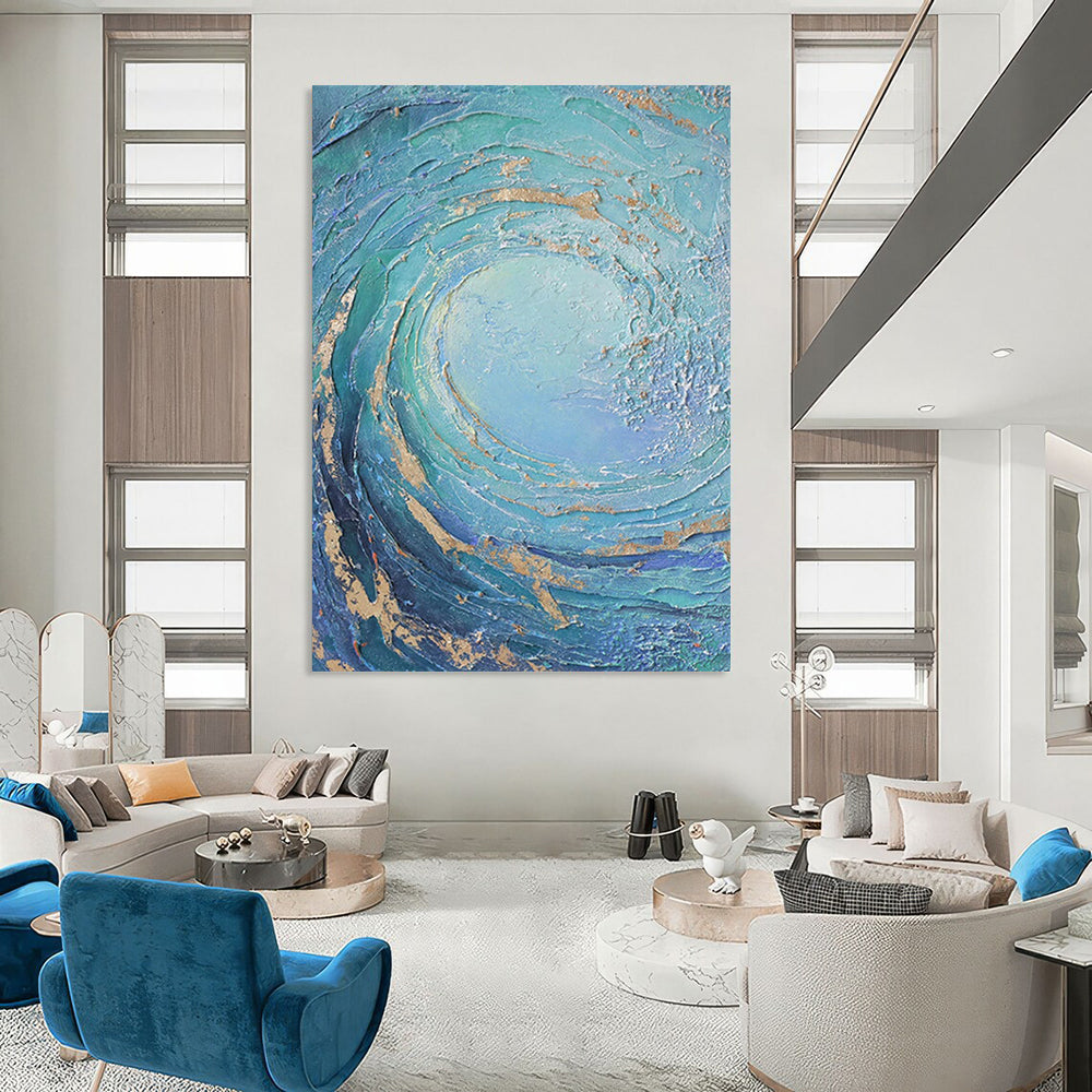 “Teal and Gold Swirl” - Textured Abstract Wave Painting On Canvas DS332
