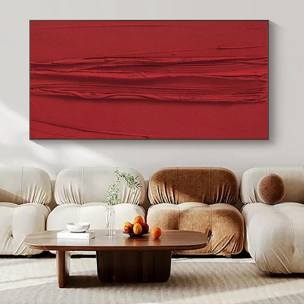 Textured Red Vertical Ridges "Crimson Currents" Relief Sculpture On Canvas PS1071