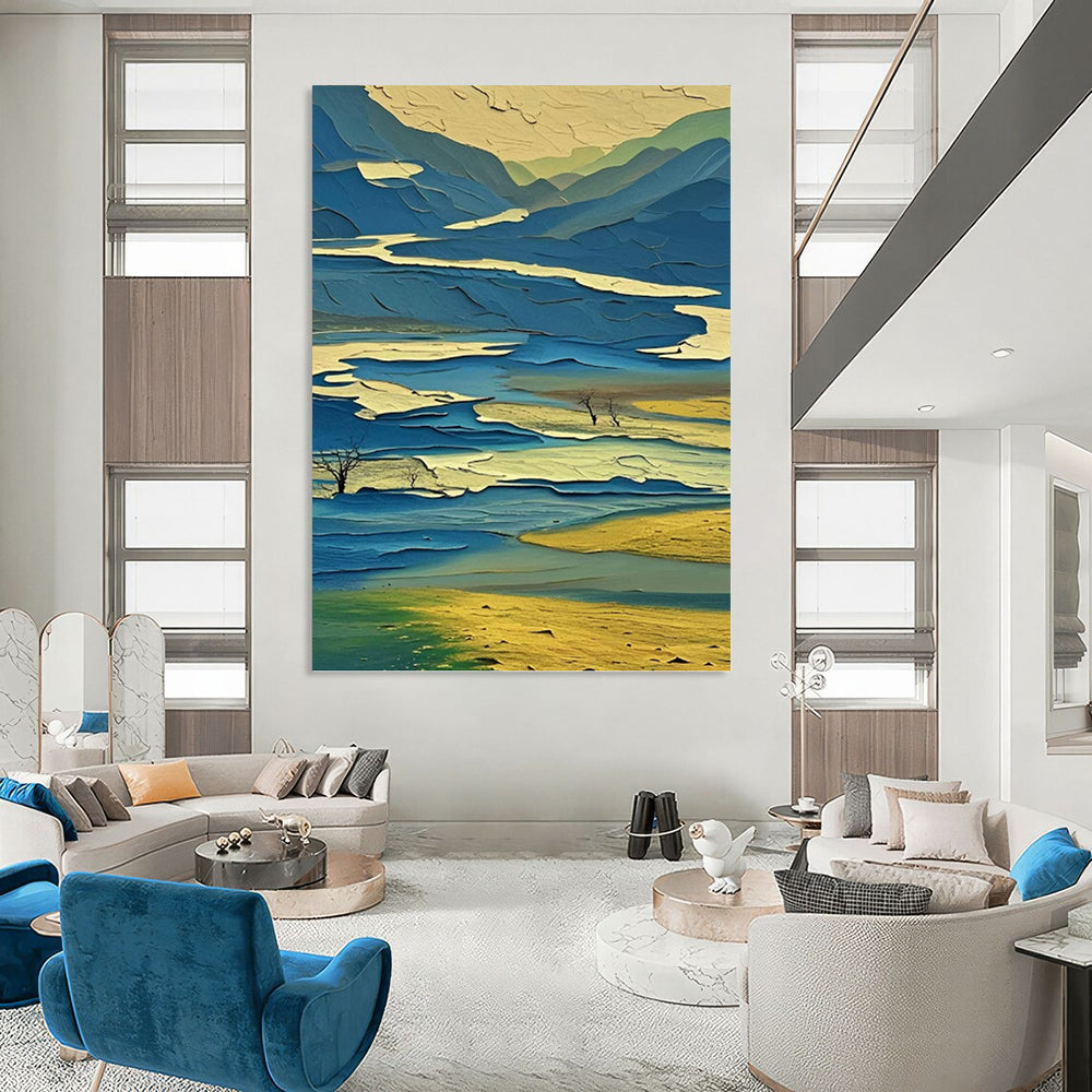 “Layered Blue - Yellow Landscape: Abstract Mountain Art” - Vibrant Geometric Painting On Canvas PT0963