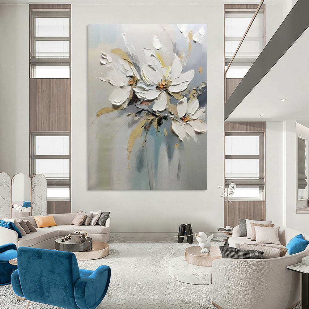 “White Flowers with Impasto Technique” - Textured Oil Painting On Canvas PT2201
