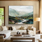 “Textured Mountainscape” - Green, Blue & Gray Abstract, Palette Knife Painting On Canvas DKS725