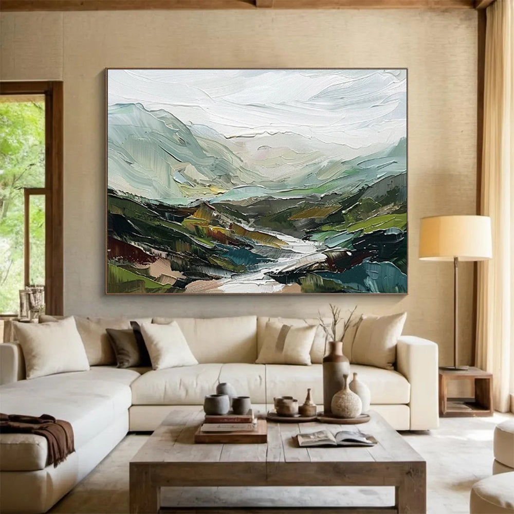 “Textured Mountainscape” - Green, Blue & Gray Abstract, Palette Knife Painting On Canvas DKS725