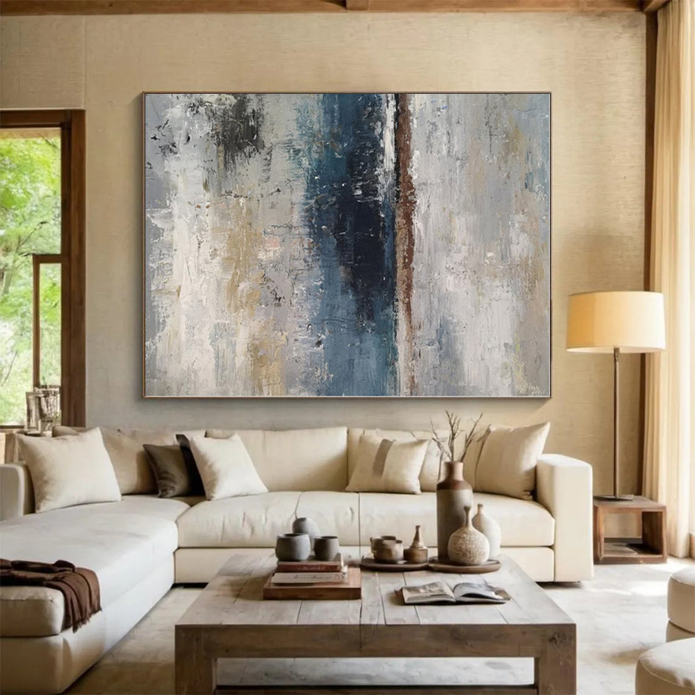 “Gray - Blue Coastal Abstraction” - Gray, Blue, Brown Abstract Painting On Canvas PS0471