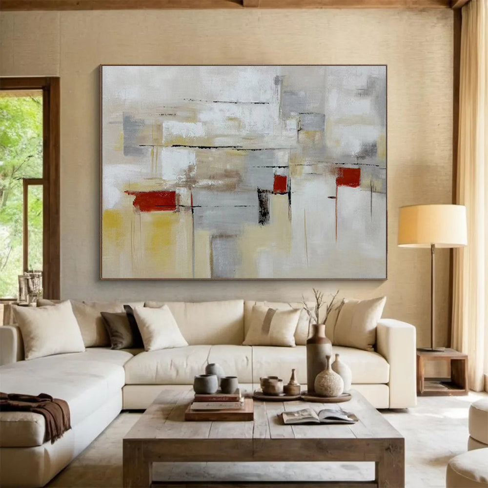 “Neutral - Toned Abstract City” - Gray, Yellow & Red Abstract, Urban - Inspired Oil Painting On Canvas DKS750