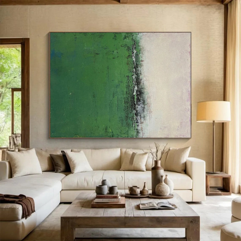 “Misty Green Field” - Green, Gray, Purple Abstract Landscape Painting On Canvas PS0645