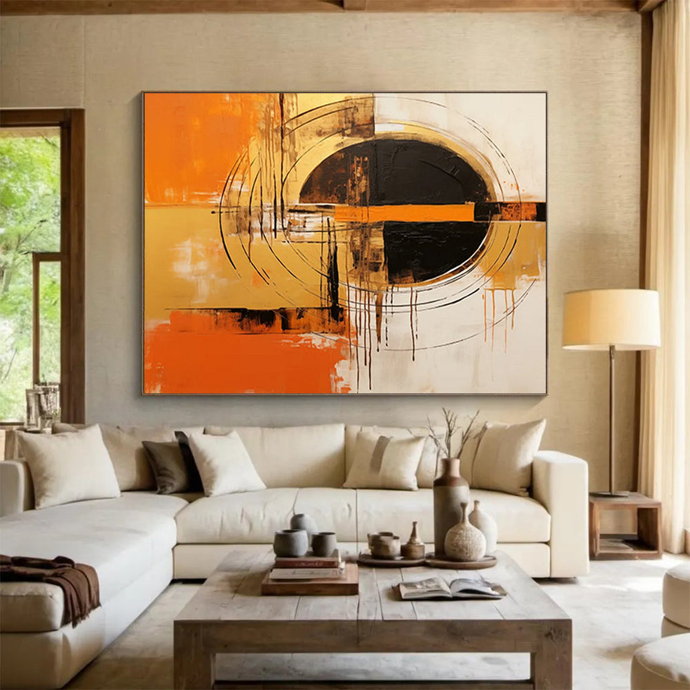 “Orange, Gold, and Black Circular Abstract” - Expressive Abstract Painting On Canvas PT105