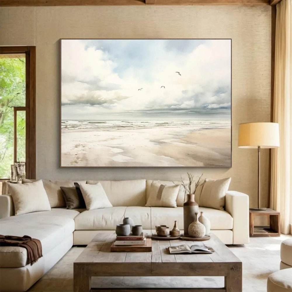 Serene Seaside Watercolor - Realistic Seascape Painting On Canvas DKS320