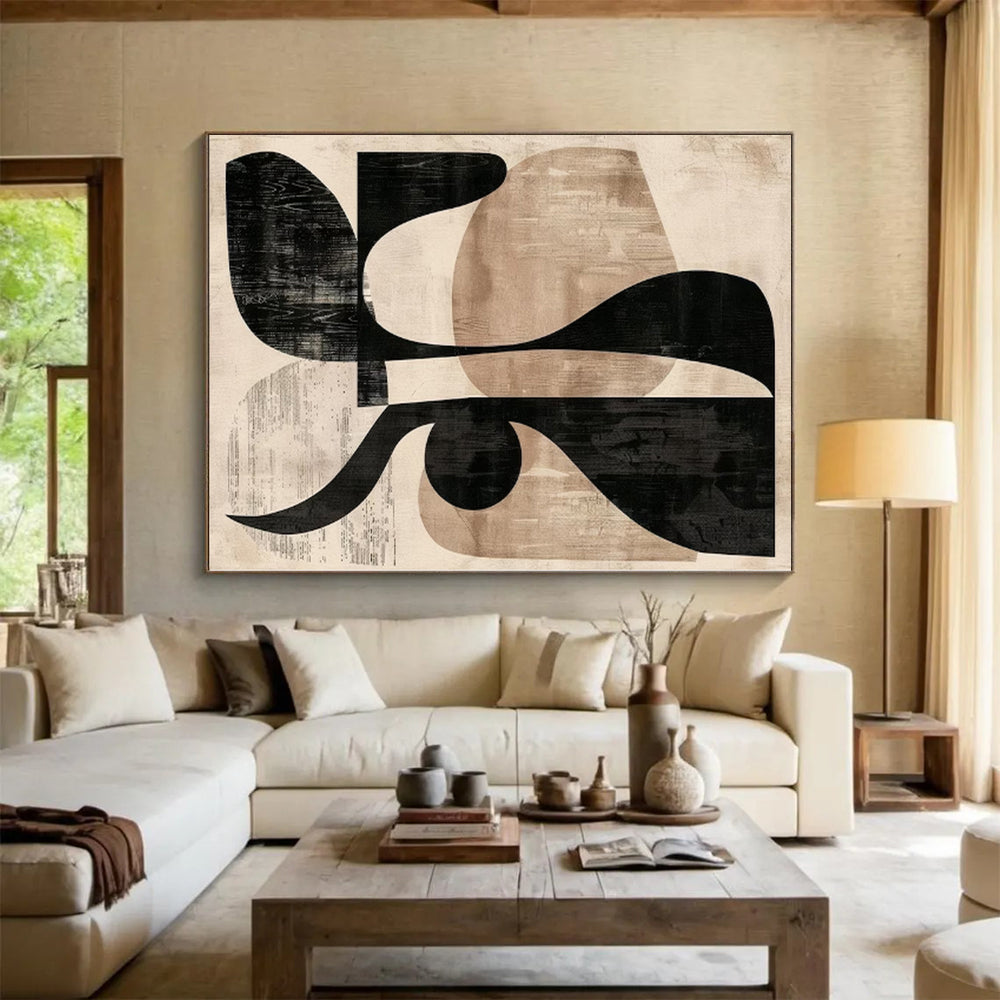 “Black & Beige Shapes” - Black, Beige Geometric Abstract Painting On Canvas PS0385