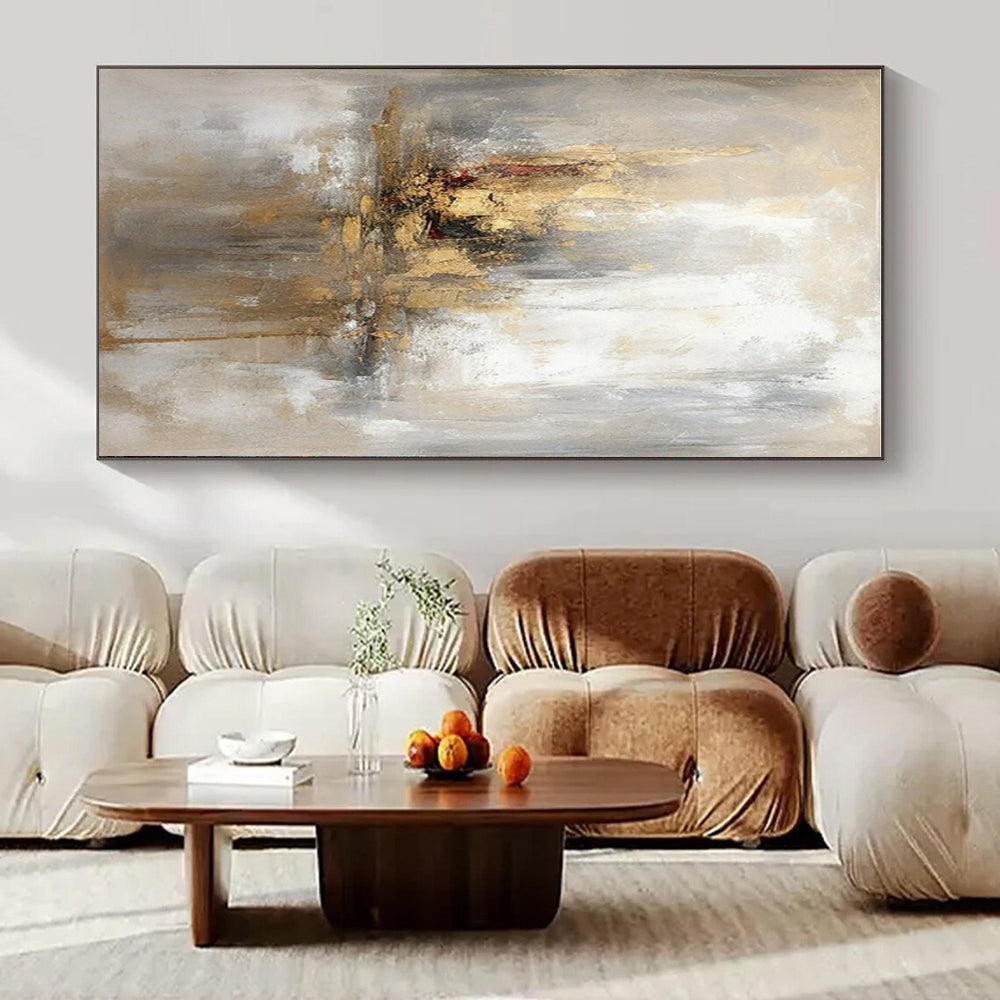 Gray, Gold, White with Muted Strokes "Elegant Haze" Abstract Painting On Canvas PS1463