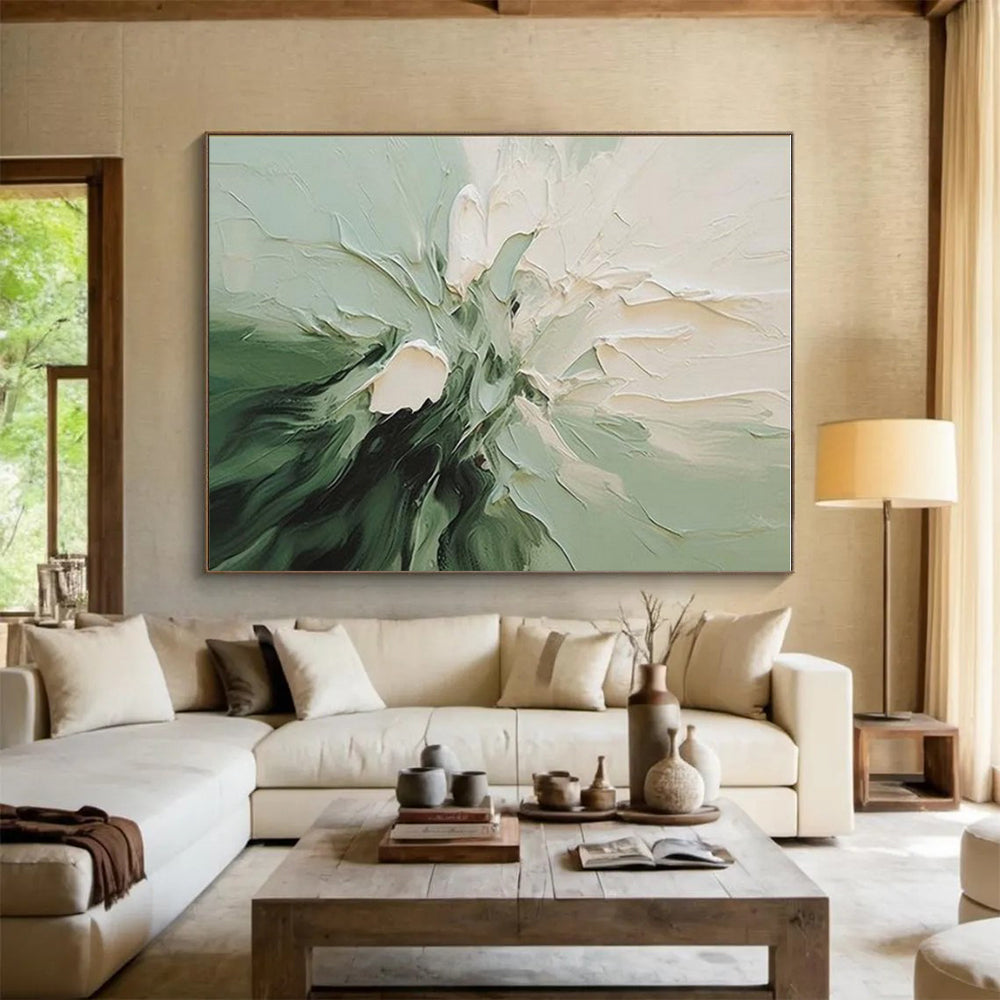 “Green - White Floral Impasto” - Green, White, Black Abstract Floral Painting On Canvas PS0624