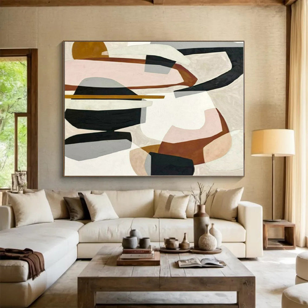 “Pastel Geometric Fusion” - Pink, Brown, Gray, Black Abstract Cubist Painting On Canvas PS0670