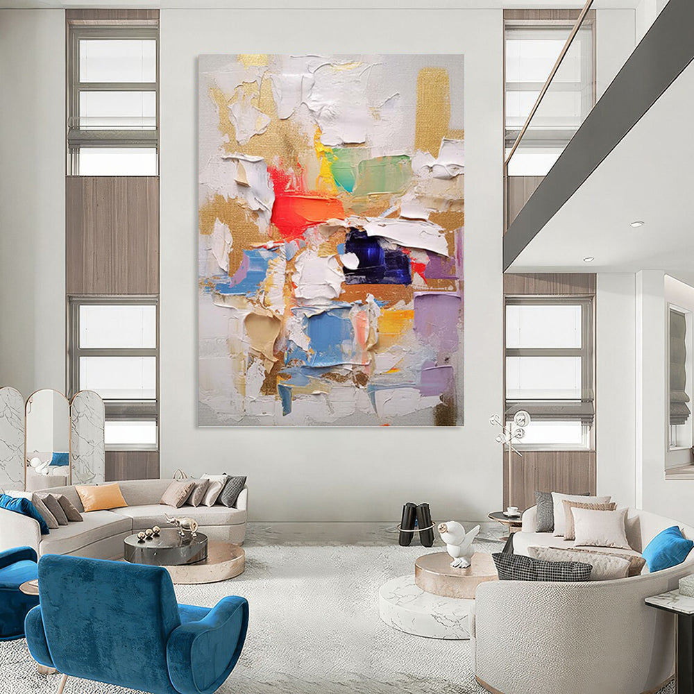 “Vibrant Layered Abstract” - Multicolor, Patchwork - like Abstract Painting On Canvas PT1057