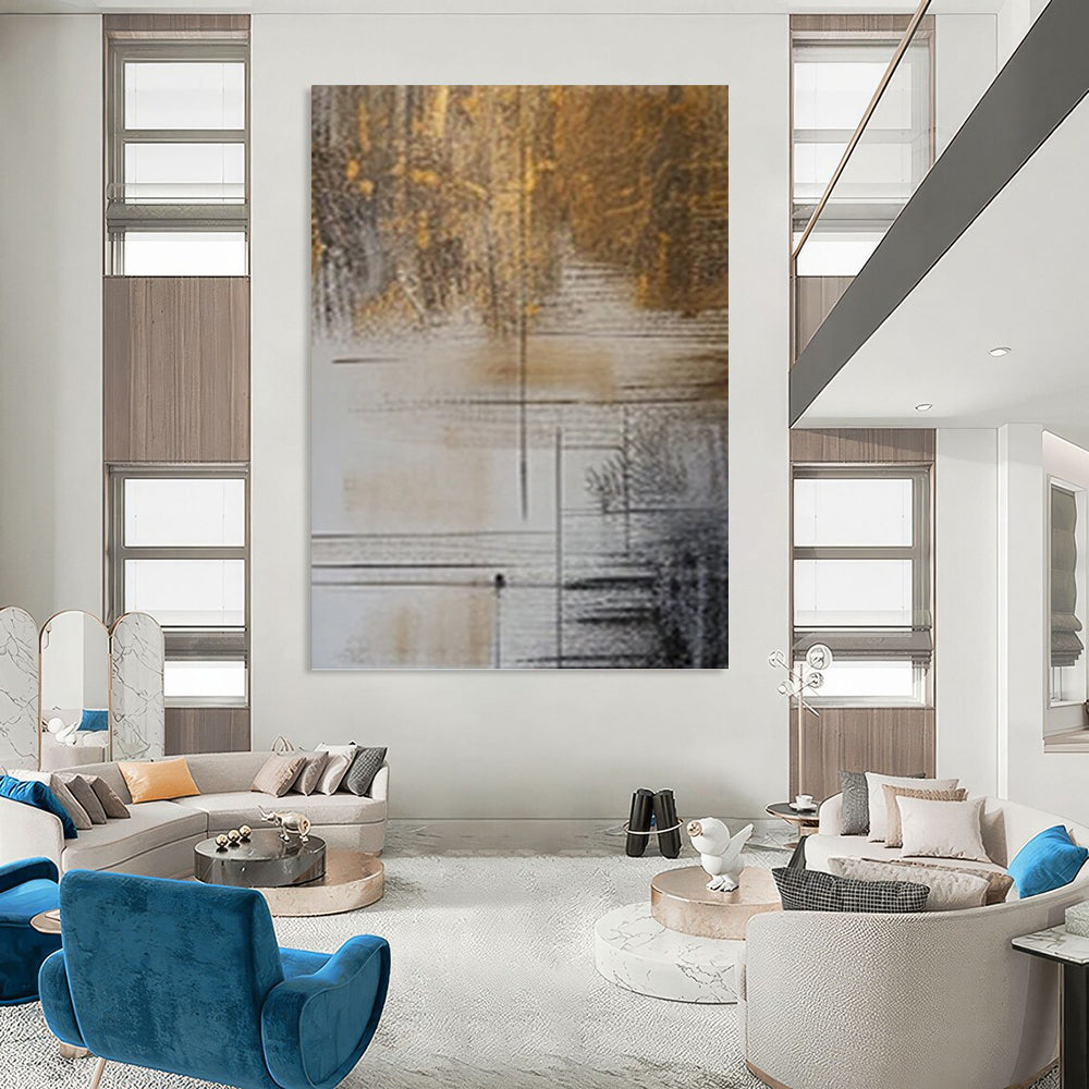 “Brown, Gold and White Linear Abstract” - Luxe Modernist Painting On Canvas PT0980