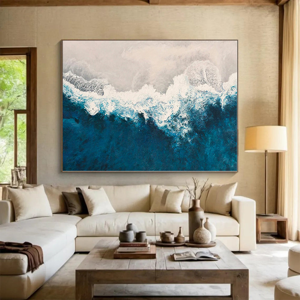 “Blue - White Ocean Abstract” - Blue, White Abstract Seascape Painting On Canvas PS0443