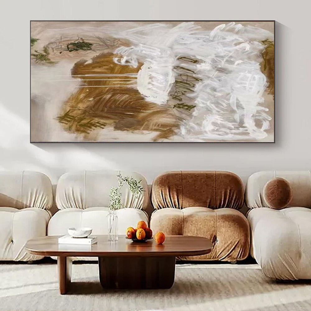 Abstract White and Brown "Expressive Drips" Abstract Expressionist Painting On Canvas PS1085