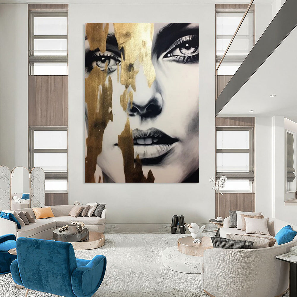 “Gilded Abstract Face” - Black - and - White with Gold Accents Art On Canvas PT2192